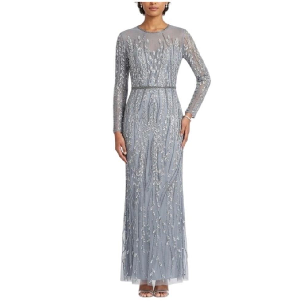 Mac Duggal 5644 Silver Column Evening Gown Sequined Long Sleeve Dress Size 6